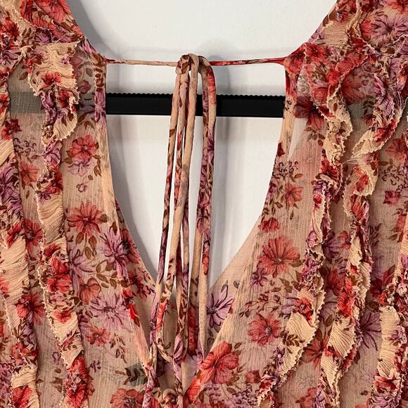 The Kooples Paris S Cottagecore Ruffle Midi Dress Tan Pink Floral Flowy Chiffon - Picture 11 of 16